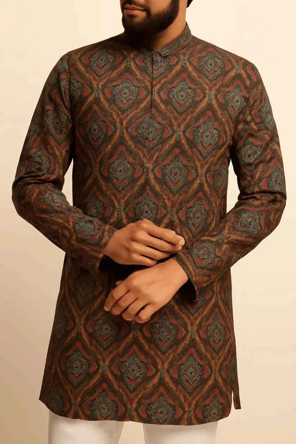 Premium Golden Maroon Geometric Sparkled Print Mix-Cotton Kurta Fabric – 36” Width for Fine Tailoring