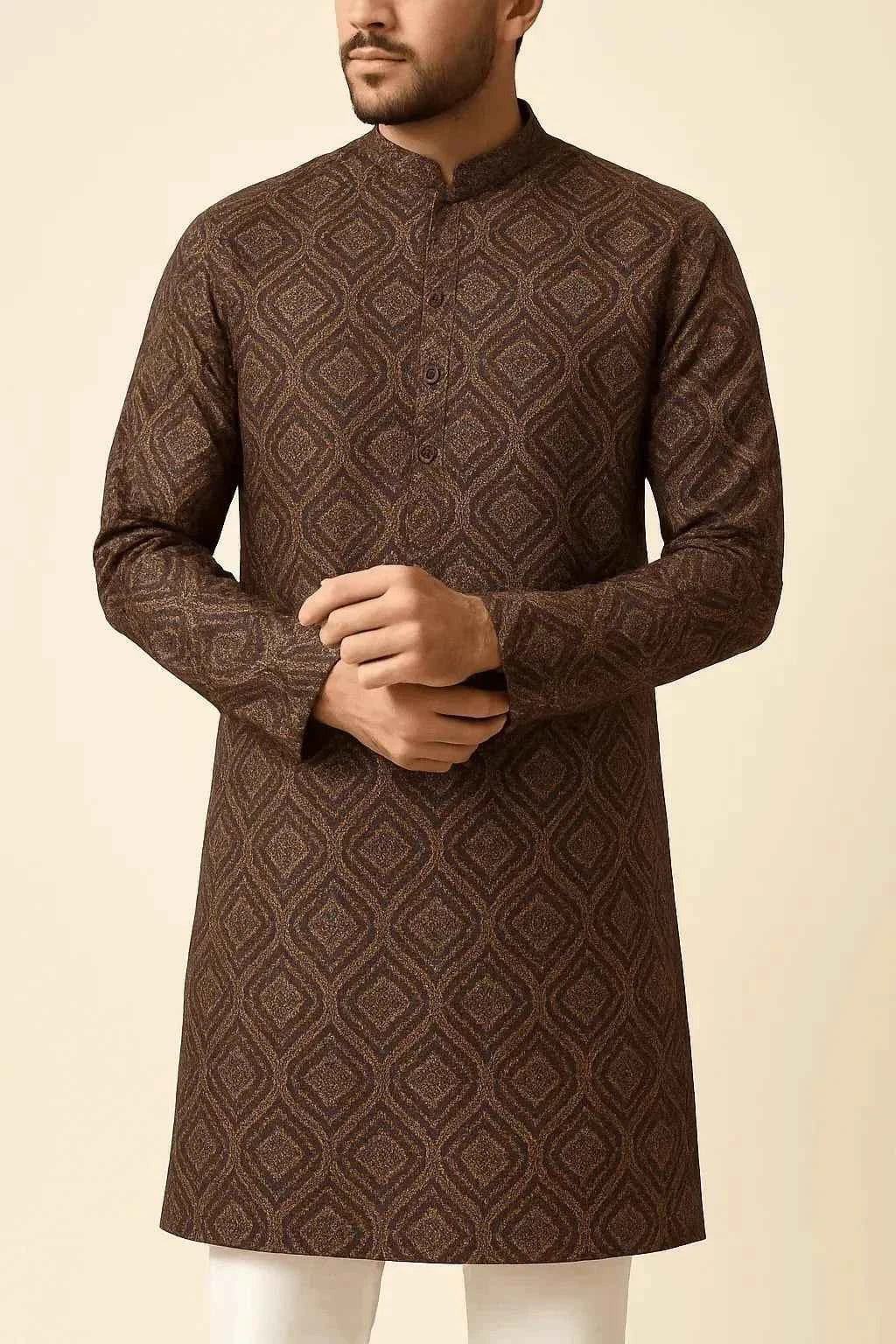 Premium Golden Maroon Geometric Sparkled Print Mix-Cotton Kurta Fabric – 36” Width for Fine Tailoring