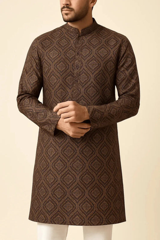 Premium Golden Maroon Geometric Sparkled Print Mix - Cotton Kurta Fabric – 36” Width for Fine Tailoring - Poshak Fabrics