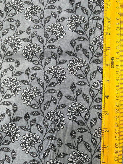 Premium Grey Addi/Paper Cotton Kurta Fabric with Black Floral Print – Ultra - Light & Breathable, 58" Wide - Poshak Fabrics