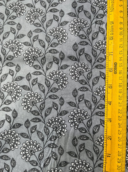 Premium Grey Addi/Paper Cotton Kurta Fabric with Black Floral Print – Ultra - Light & Breathable, 58" Wide - Poshak Fabrics
