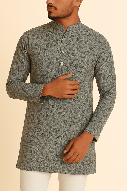 Premium Grey Addi/Paper Cotton Kurta Fabric with Black Floral Print – Ultra - Light & Breathable, 58" Wide - Poshak Fabrics