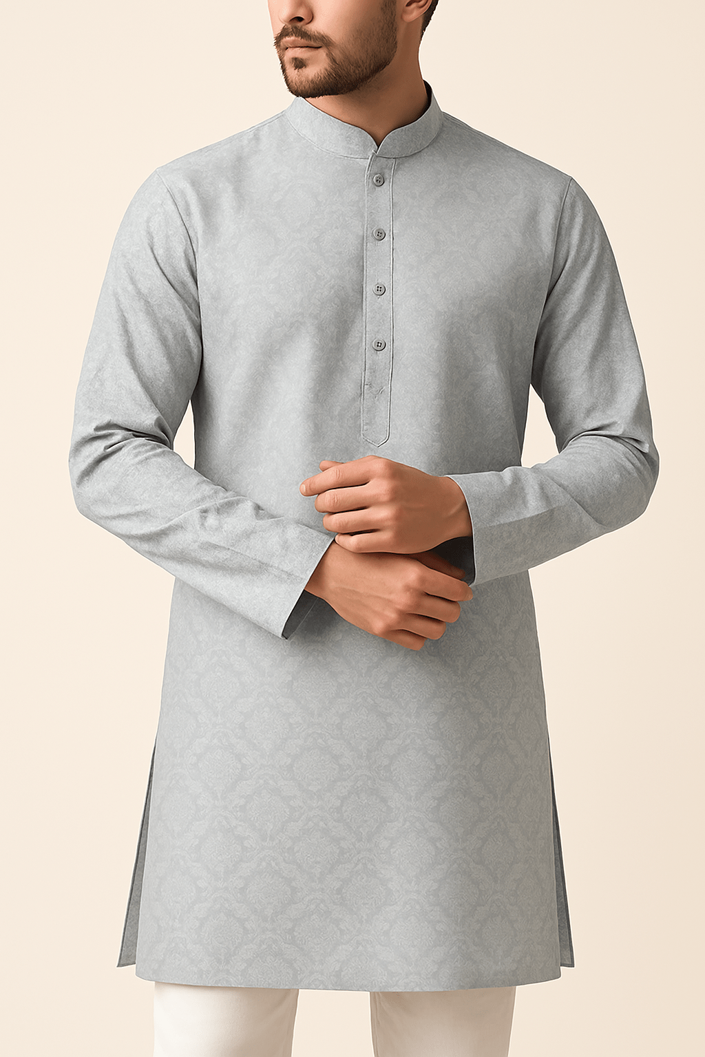 Premium Light Grey Stretchable Lycra Print Fabric – 58" Wide | Perfect for Well - Stitched Shirts & Kurtas - Poshak Fabrics