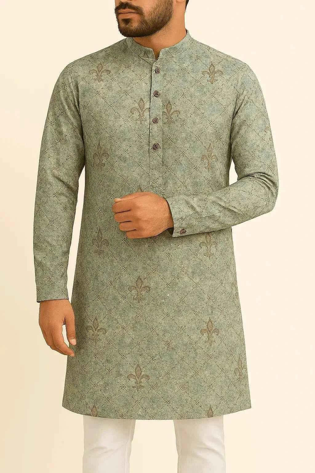 men's fabrics premium-light-olive-green-cream-mix-cotton-sequin-print-kurta-fabric-36-width-for-impeccable-tailoringcotton-mix-sequence-shirting-2612480 - Poshak Fabrics