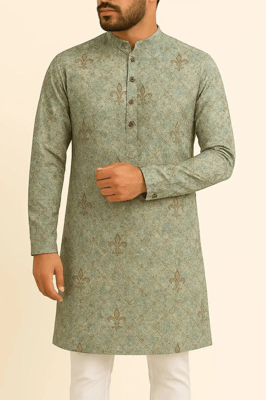 Premium Light Olive Green & Cream Mix - Cotton Sequin Print Kurta Fabric – 36” Width for Impeccable Tailoring - Poshak Fabrics