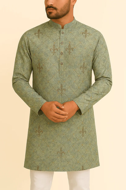 Premium Light Olive Green & Cream Mix - Cotton Sequin Print Kurta Fabric – 36” Width for Impeccable Tailoring - Poshak Fabrics