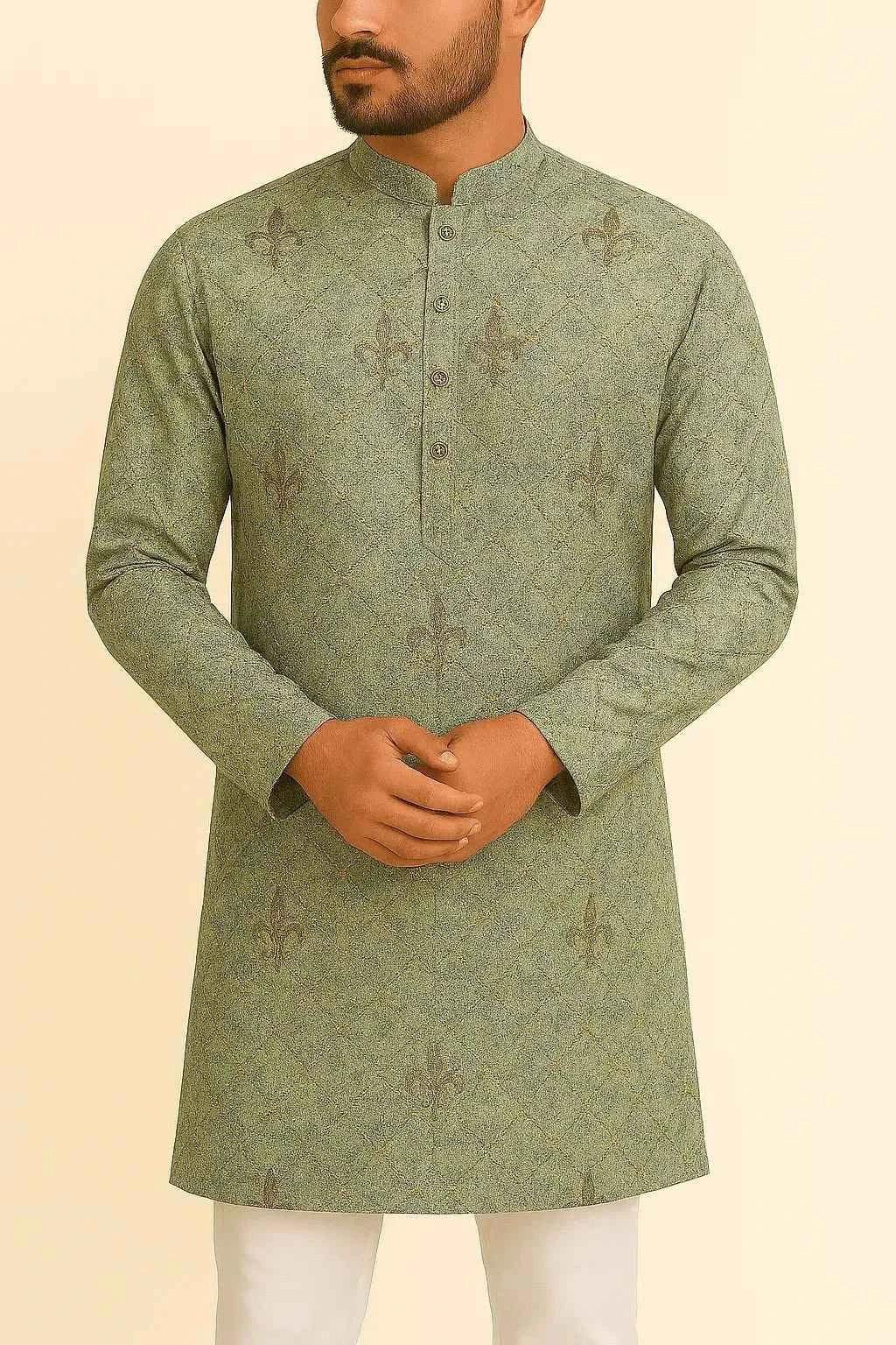 men's fabrics premium-light-olive-green-cream-mix-cotton-sequin-print-kurta-fabric-36-width-for-impeccable-tailoringcotton-mix-sequence-shirting-8560373 - Poshak Fabrics