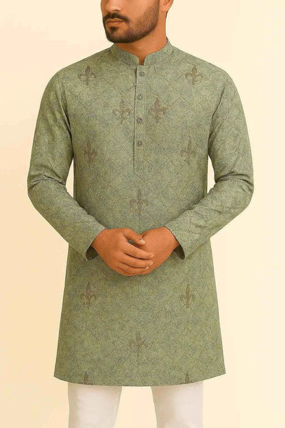 men's fabrics premium-light-olive-green-cream-mix-cotton-sequin-print-kurta-fabric-36-width-for-impeccable-tailoringcotton-mix-sequence-shirting-8560373 - Poshak Fabrics