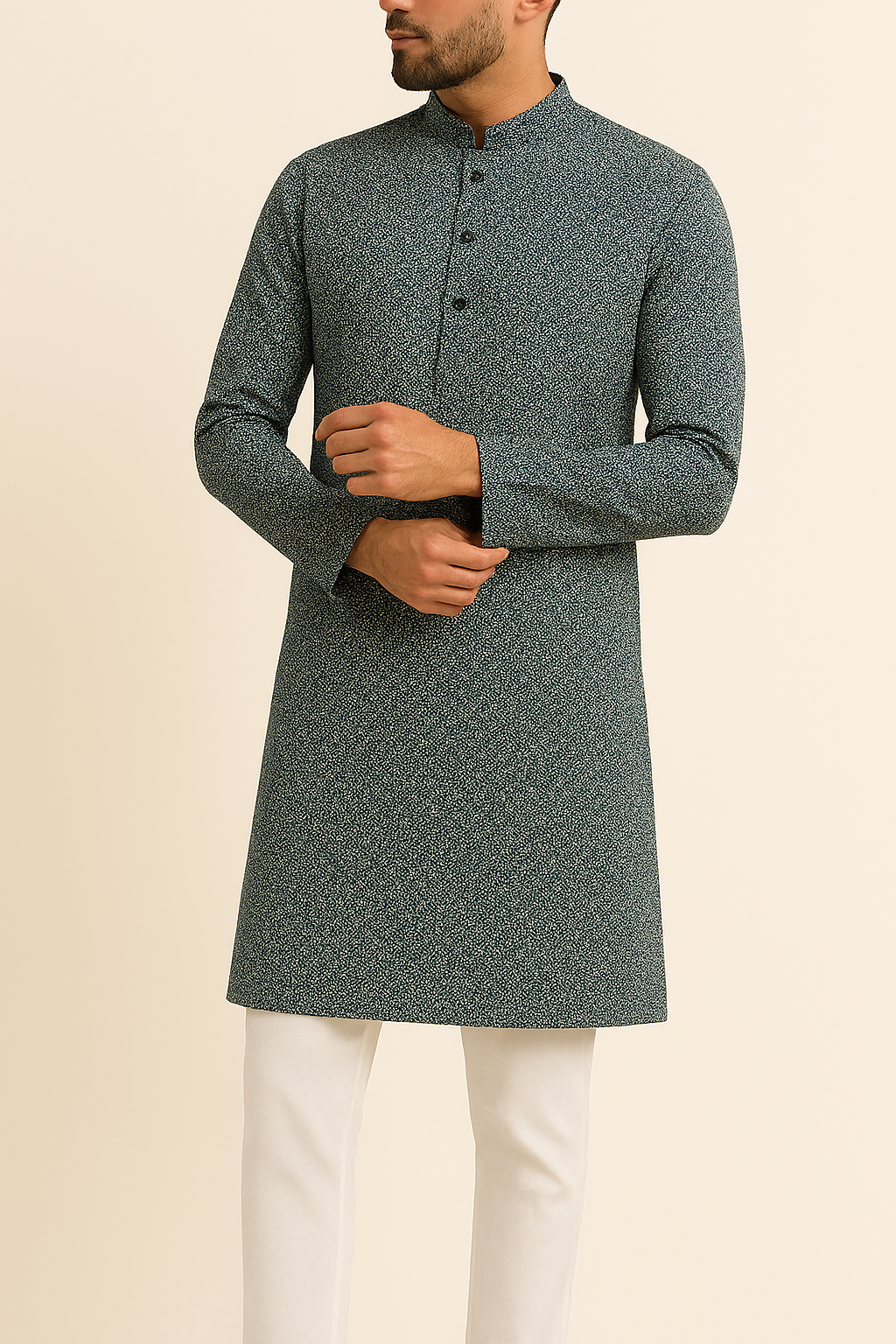 Premium Mix-Cotton Sea Green Geometric Digital Print Fabric – 36” Width for Tailored Kurtas