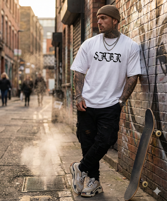 SABR Arabic Calligraphy Oversize Tee – SPRY by Poshak Men’s 220 GSM DTF White T-Shirt