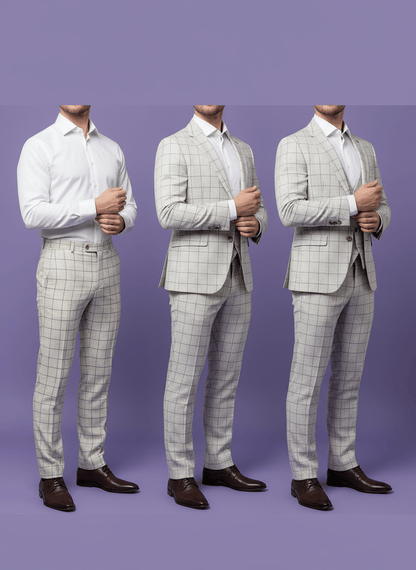 Sharpy Lycra Cream Checkered Suiting Fabric (58” Wide) – Premium Comfort for Trousers & Suits - Poshak Fabrics