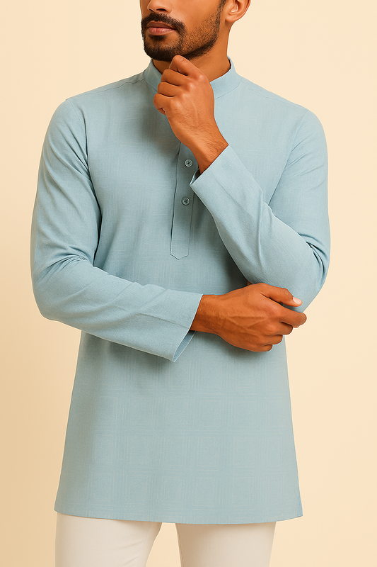 Premium Sky Blue Addi/Paper Cotton Self-Patterned Kurta Fabric – Ultra-Breathable, 58" Wide
