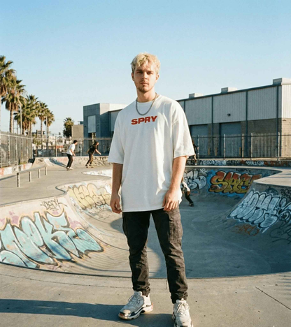 SPRY by Poshak Men’s White Oversize T-Shirt – Bold Logo, 180/220/240 GSM DTF Printed