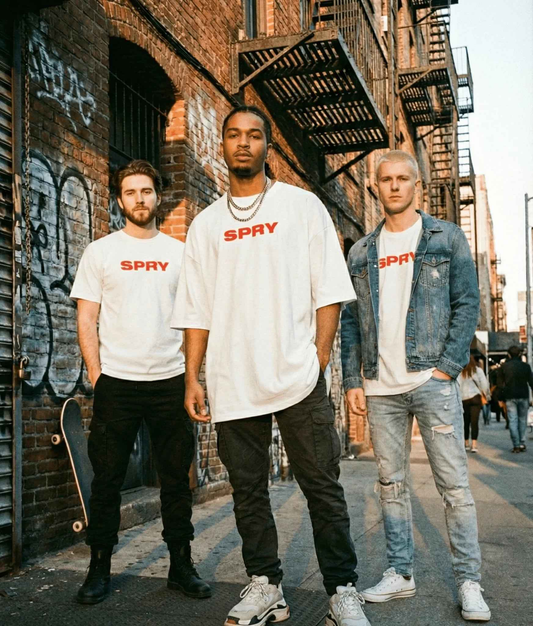 SPRY by Poshak Men’s White Oversize T-Shirt – Bold Logo, 180/220/240 GSM DTF Printed