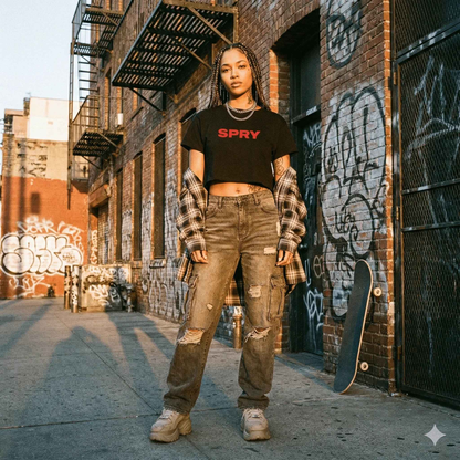 SPRY by Poshak Women’s Black Crop Top – Bold Logo, 180 GSM DTF Printed