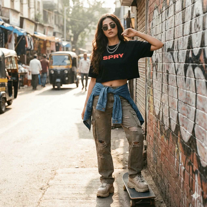 SPRY by Poshak Women’s Black Crop Top – Bold Logo, 180 GSM DTF Printed