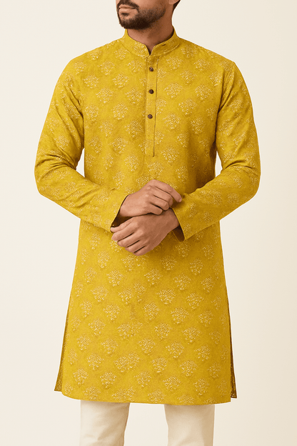 Sunny Citrus Yellow Cotton Mix Print Fabric – 36” Wide | Soft & Breathable | Kurta Perfection - Poshak Fabrics
