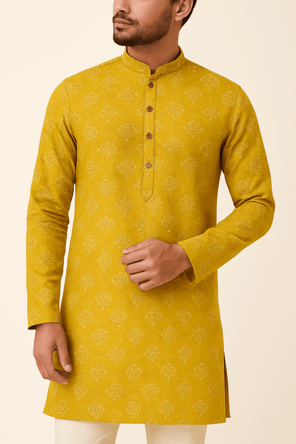Sunny Citrus Yellow Cotton Mix Print Fabric – 36” Wide | Soft & Breathable | Kurta Perfection - Poshak Fabrics