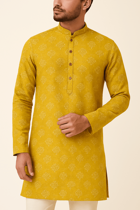 Sunny Citrus Yellow Cotton Mix Print Fabric – 36” Wide | Soft & Breathable | Kurta Perfection - Poshak Fabrics