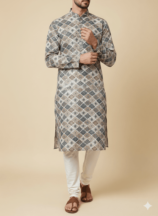 Taupe - Grey Multicolour Sequins Premium Cotton Chikan Fabric – 58” Wide, Buttery Soft & Breathable – Tailored for Kurta Perfection - Poshak Fabrics