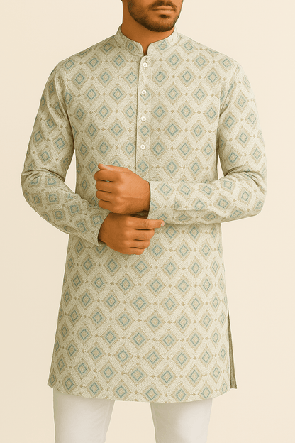 Teal Crest Weave - White dobby print - Poshak Fabrics