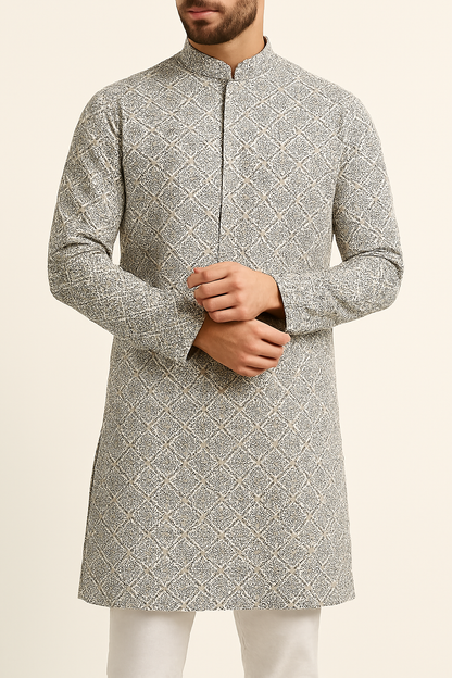 Premium White Cotton Mix Geometric Print Fabric | 58" Wide | Ideal for Shirts & Kurtas