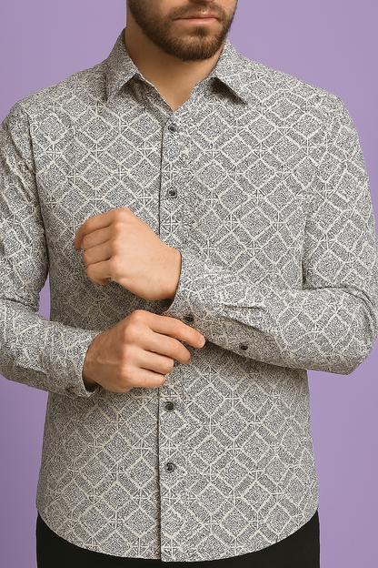 Premium White Cotton Mix Geometric Print Fabric | 58" Wide | Ideal for Shirts & Kurtas