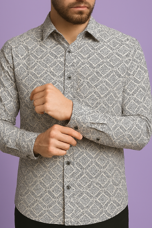 Premium White Cotton Mix Geometric Print Fabric | 58" Wide | Ideal for Shirts & Kurtas