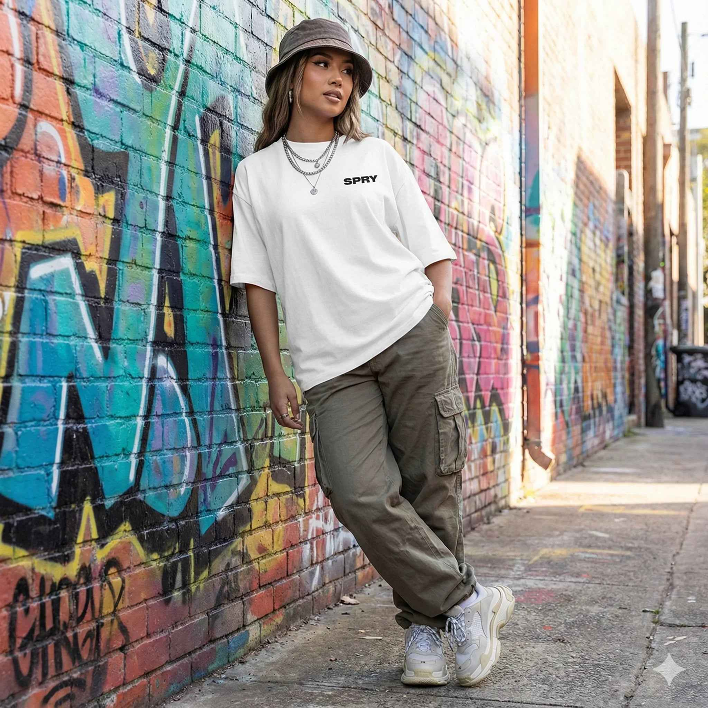 SPRY by Poshak Women’s White Oversize T-Shirt – 220 GSM DTF, SPRY Logo & Statement Back Print